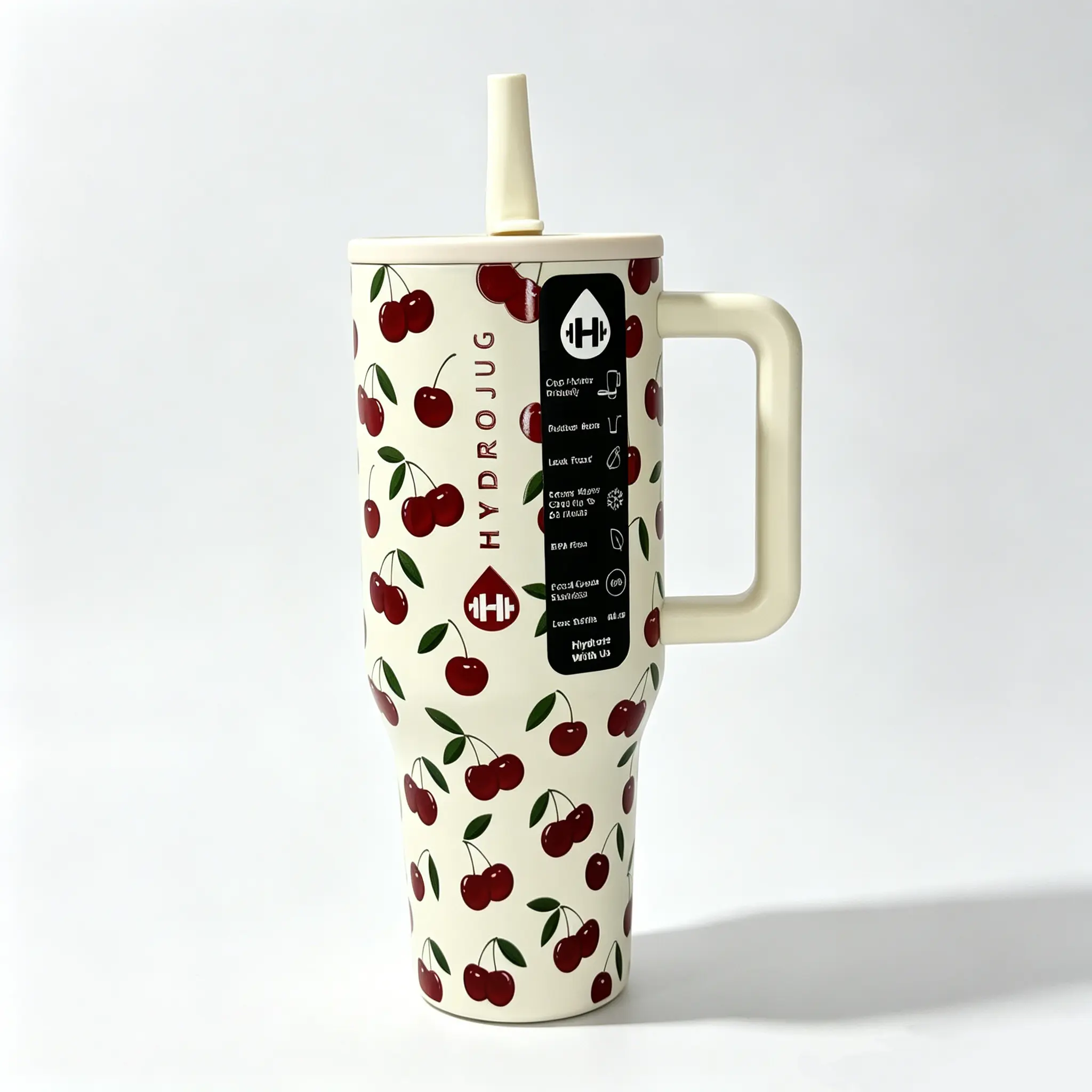 HydroJug 40oz (1,000-2,000 ml) Cream White Cute Cherry All-Over-Print Insulated Tumbler for Adults, Modern Retro Fruit Pattern Stainless Steel Travel Mug with Handle & Straw, Leakproof BPA-Free Large Capacity Flask, 13-24 Hour Insulation for Car & Office