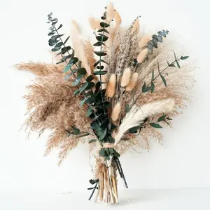 Green Pampas Grass Boho Bouquet Exquisite Lavender & Eucalyptus Dried Flower Arrangements for Western Boho Decor Rustic Flowers for Bohemian Home Bedroom Wedding Table Décor