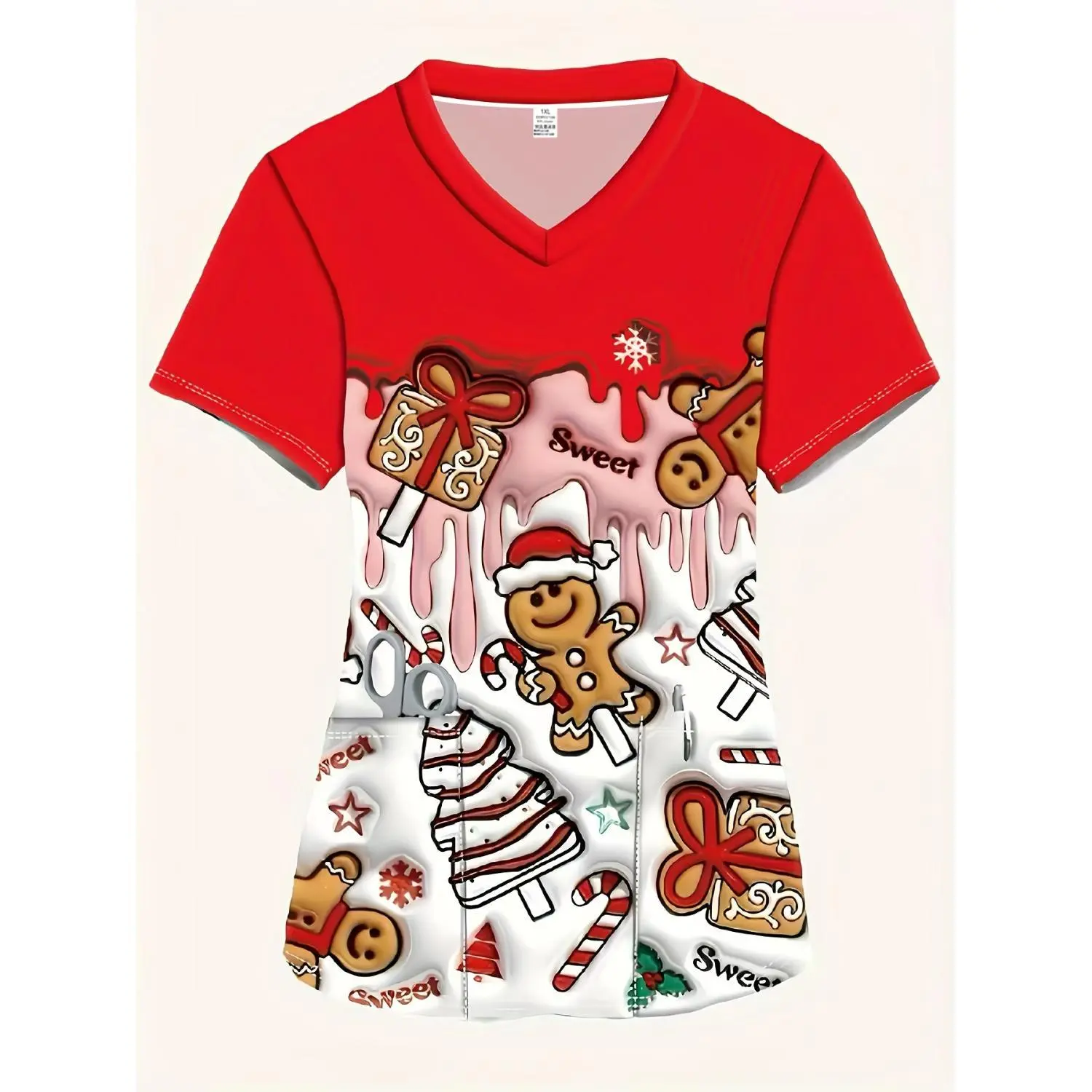 Women's Plus Size Red V-Neck Short Sleeve Nurse Uniform - Adorable Gingerbread & Candy Cane Scrubs with Pockets, Christmas-Themed Healthcare Workwear (Machine Washable) for Hospitals, Clinics, and Nursing