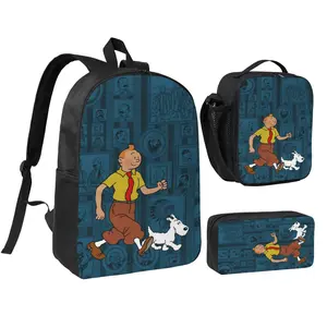 3pcs The Adventures of Tintin Merch Backpack Set Tintin Snowy Captain Haddock Merch Outdoor Daypack with Insulated Lunch Bag & Pencil Pouch Vintage Retro Herge Tintin 1950s Merch Ultra Lightweight Backpack Holiday & Back to School Gift