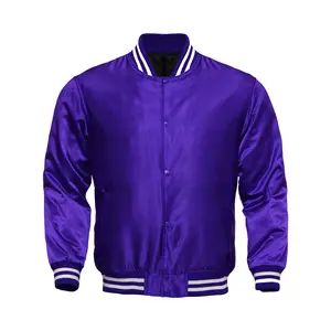 Deckra Lady's Fitted Longsleeves Striped Purple Satin Varsity Jacket, Polyester Button-Front Tops Outerwear with Pocket