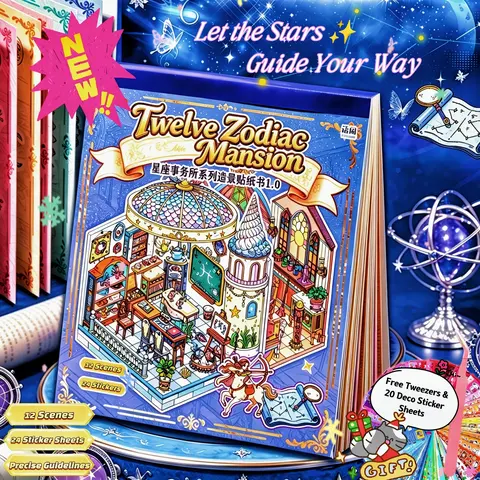 [New! Magical Zodiac-themed Sticker Scene Book] 12 Fantasy Castle Scenes+24 Sticker Sheets, Detailed Assitance Lines | European Fariycore Style, Best for Celestial & Tarot Lovers, DIY Cartoon Stickers, Creative Afterwork Crafts, Journal Supplies, Decos