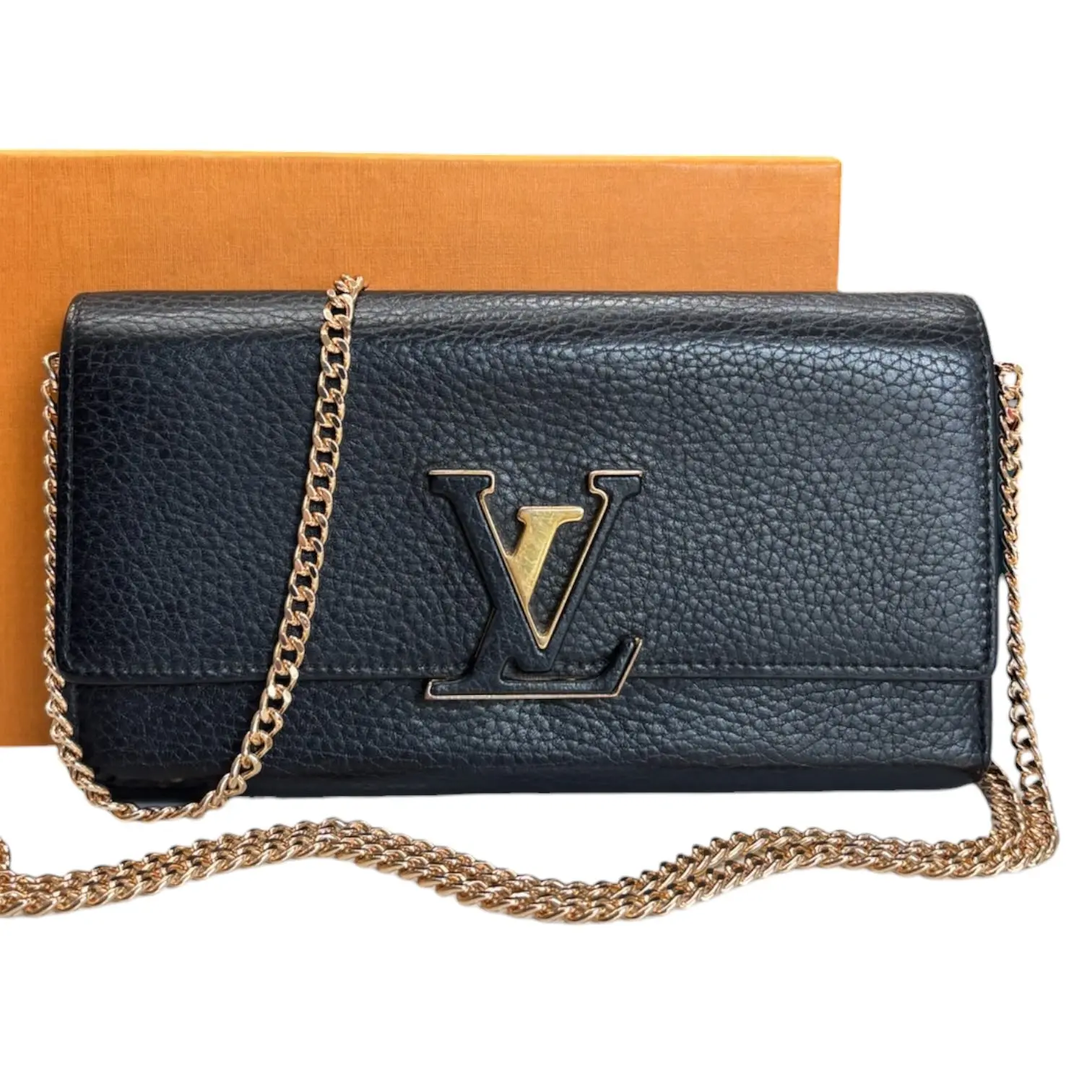 Pre-owned Louis Vuitton Calfskin Small Leather Goods Black Taurillon Capucines Leather Wallet added Chain