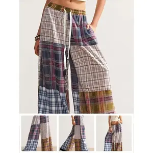 Women's retro patch checkered printed loose casual pants, fashionable straight leg floor dance pants, wide leg comfortable pants, casual minimalist pants
