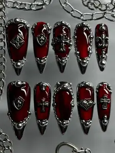 Gothic Red Chrome Press On Nails, 3D Cross Charm Dark Luxury Nail Set, Silver Cross Charms & Chrome Borders, Dark Y2K Punk Armor Nails Set