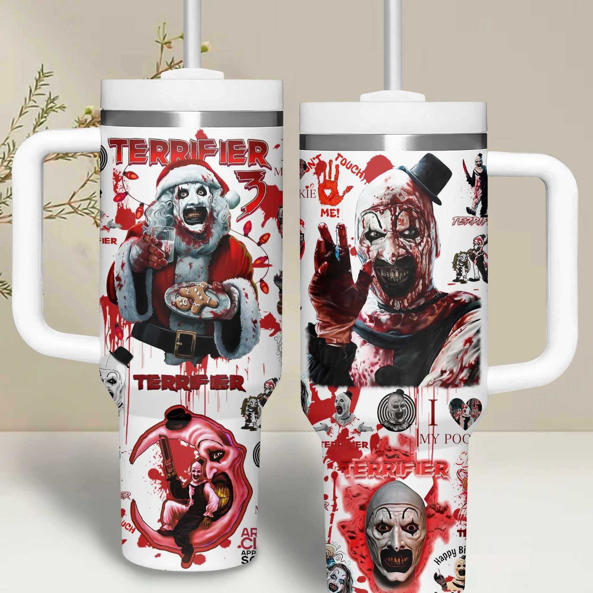 Terrifier 3 Art the Clown 40oz Tumbler with Handle & Straw, Horror Stainless Steel Insulated Travel Mug, Slasher Movie Halloween Cup, Keeps Drinks Hot & Cold, Reusable Coffee Tumbler, Gift for Terrifier Fans, Collector Edition Drinkware