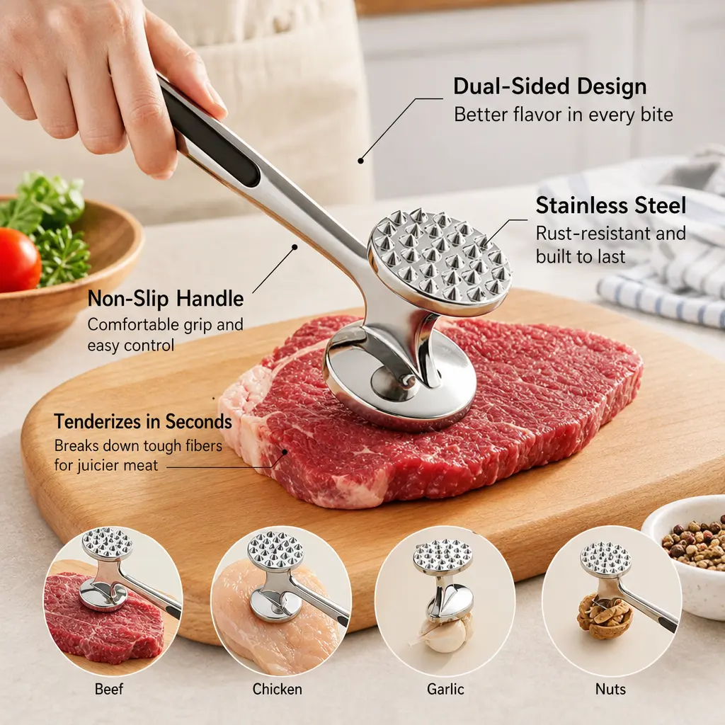 1 Count, Double Sided Meat Tenderizer Hammer with Non-slip Silicone Handle, Kitchen Meat Mallet for Tenderizing Steak, Crushing Garlic and Walnuts