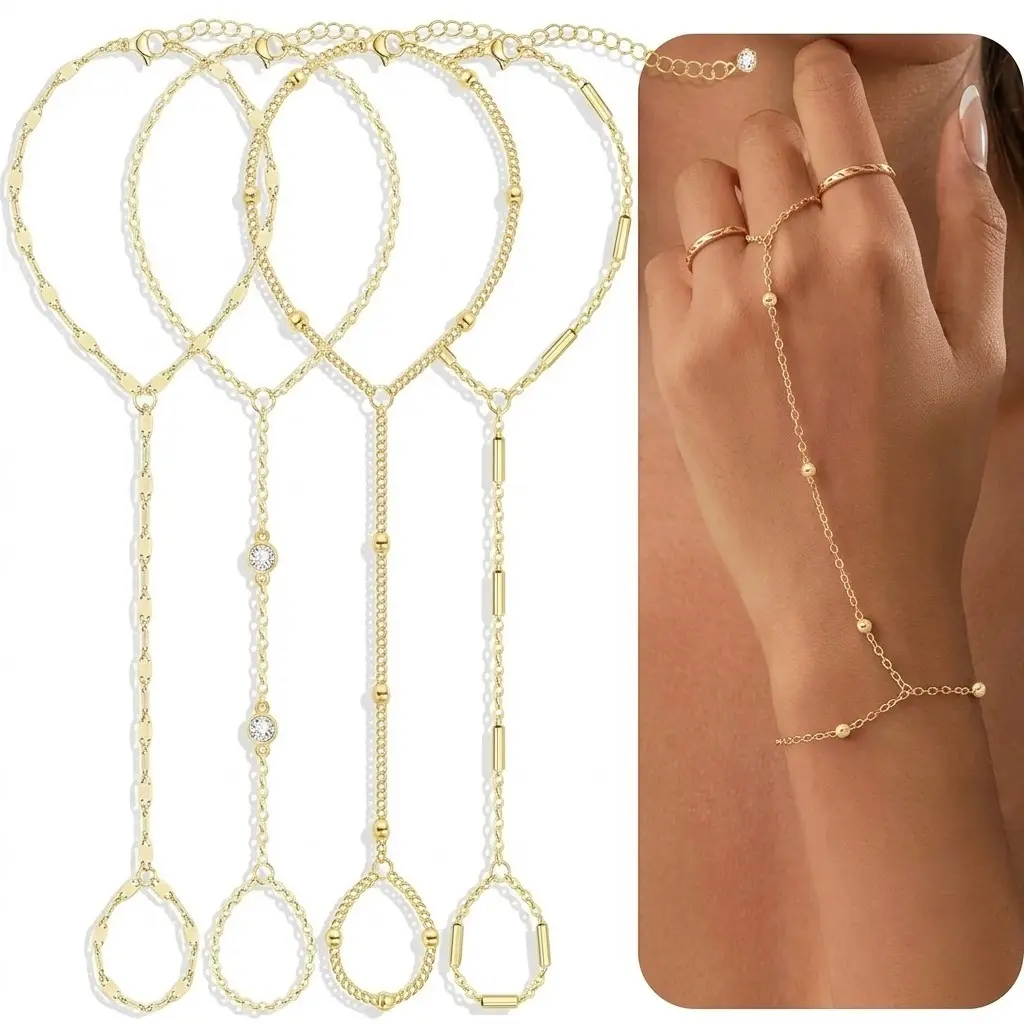4 Pcs Gold Hand Chain Bracelets for Women, Dainty Ring Bracelet Hand Chain, Stackable Beaded Cubic Zirconia Bracelet Stack Jewelry Gifts