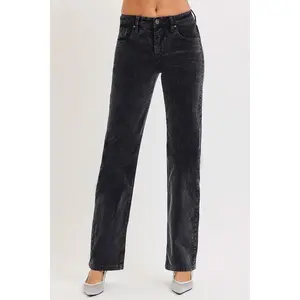 RISEN Tummy Control Mid Rise Straight Leg Corduroy Pants for Women - Soft Stretchy Corduroy Fabric with Tummy Control Feature for Everyday Wear