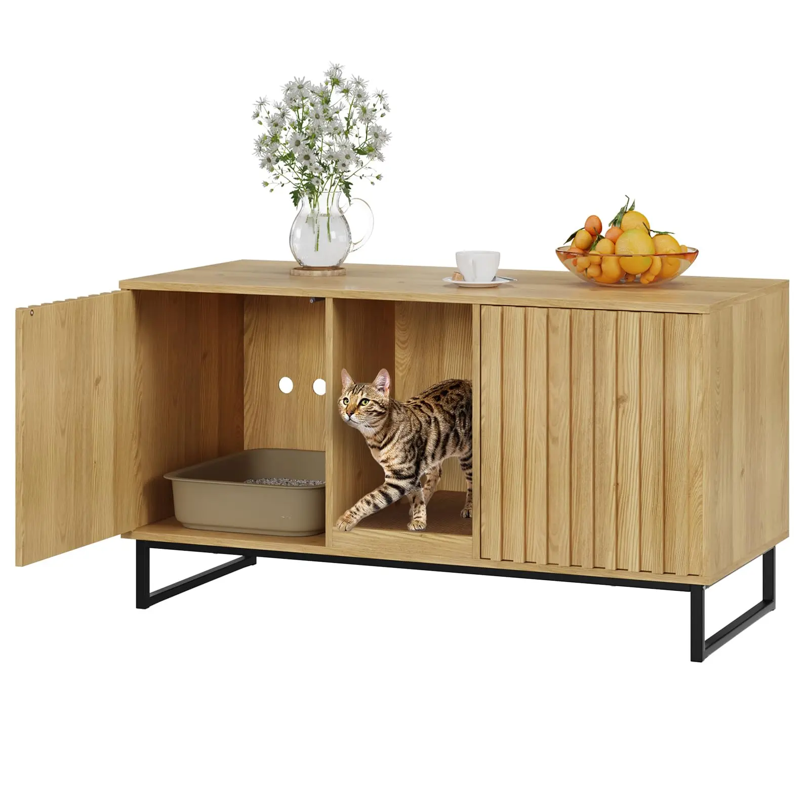 [tiktokshopbacktoschool] Vabches Multi-Functional Enclosed Kitty Litter Box Enclosure, 47.6" Large Double-Room Cabinet with Scratch Pad, Indoor Home Cat House TV Stand Side Table Washroom for 2 Pets