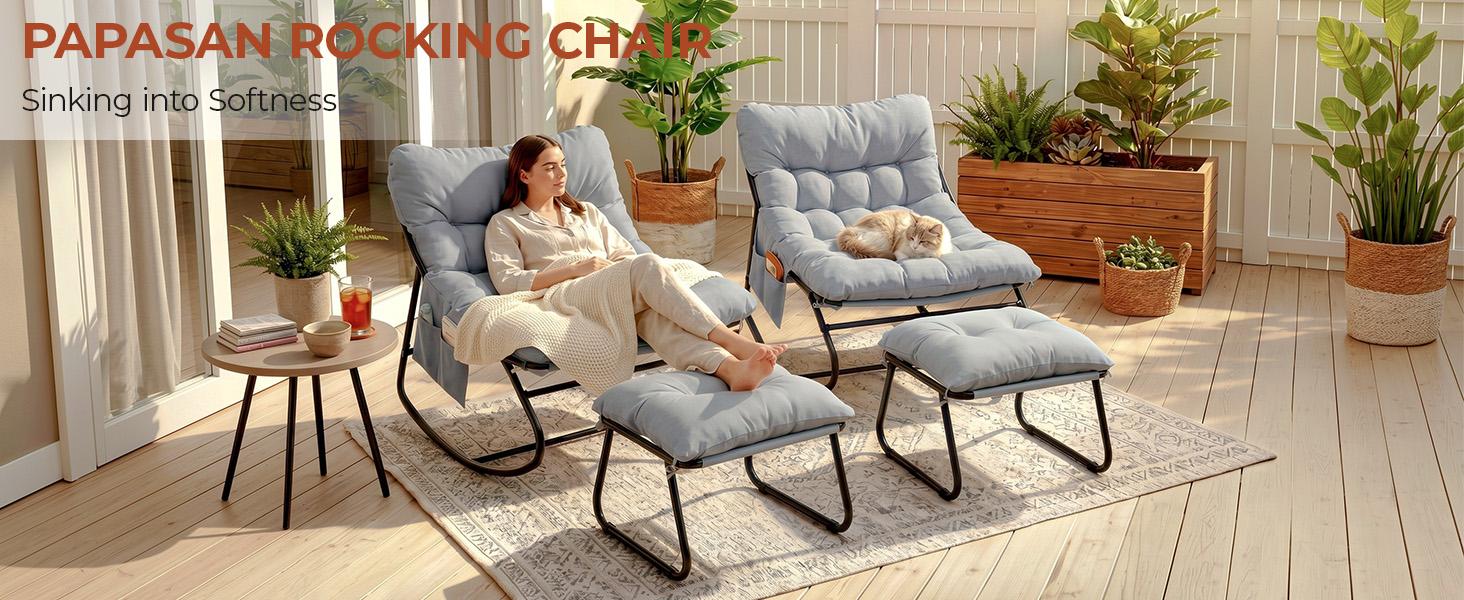 Arlopu Patio Papasan Outdoor Rocking Chair with Ottoman & Thick Cushions, Cozy Patio Lounge Chair for Porch, Garden & Backyard, home decor, camping essentials homeessentials