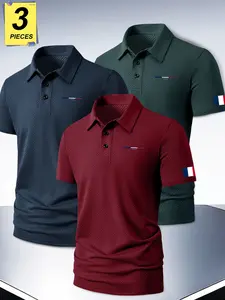 3-piece summer men’s short-sleeved collar shirt with simple sporty patterns, breathable ice silk polo shirt. High-end casual/business casual, short sleeves with a collar, lightweight and comfortable, quick-drying and breathable. Perfect for weekend trips,