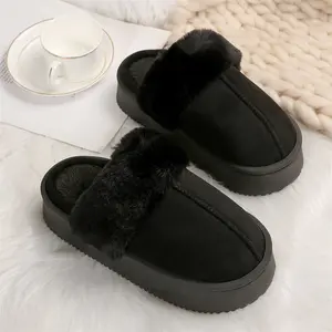 Women's Plush Platform Slippers Cozy Suede Mules, Comfortable Indoor Outdoor Shoes for Winter