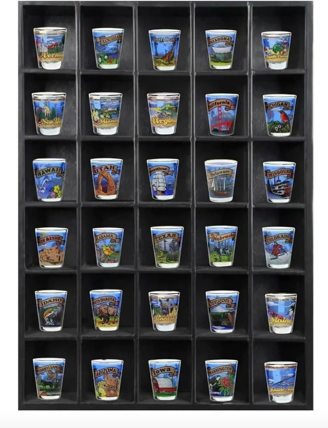 30 Shot Glass Shelf Display Case 2-Pack Large Wooden Collectibles Rack Wall Mounted Black Bar Shadow Box Minifigure Storage 16.7x12.2”