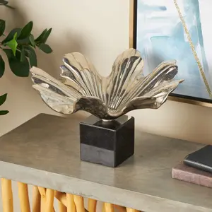 Floral Aluminum Metal Large Decorative Bowl with Black Marble Base