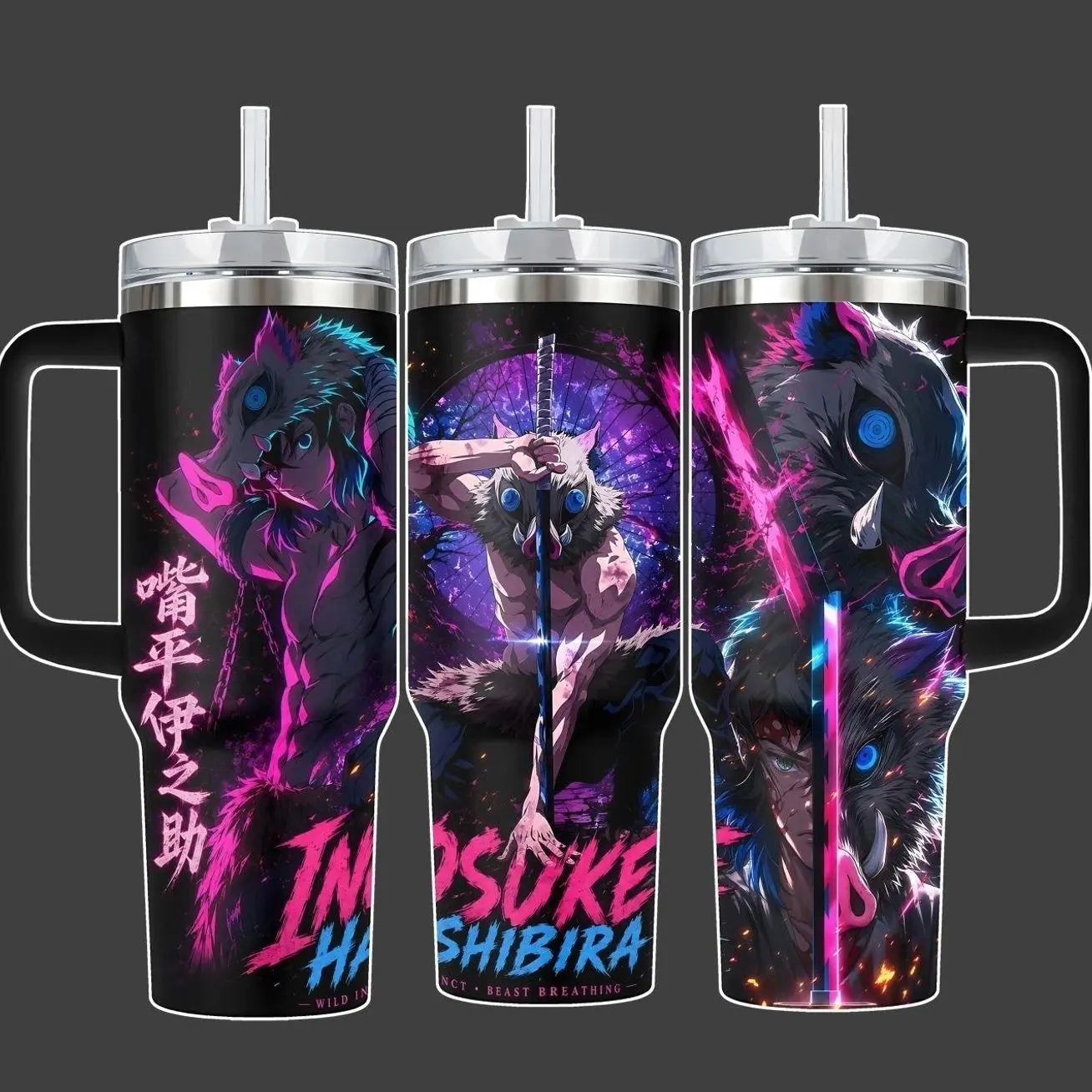 Inosuke Hashibira Beast Breathing Anime Tumbler Cup, Neon Pink Blue Boar Mask Full Wrap Stainless Steel Insulated Tumbler 20oz/40oz With Straw Lid Included, 40oz Handle Option