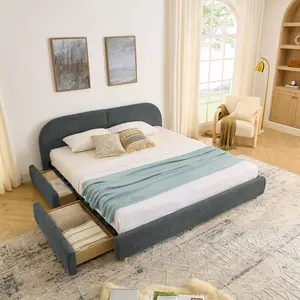 King Size Upholstered Bed Frame Modern - Circle Yarn Fabric, Tall Curved Headboard, Sturdy Leg Support & Wheeled Drawer Storage, Mattress Not Included