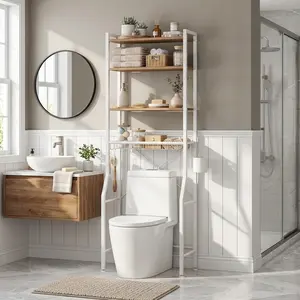 68-inch Over The Toilet Storage Rack, Bathroom Storage Shelf Over Toilet with Hooks and Basket, Adjustable Shelves for Laundry Room, Apartment