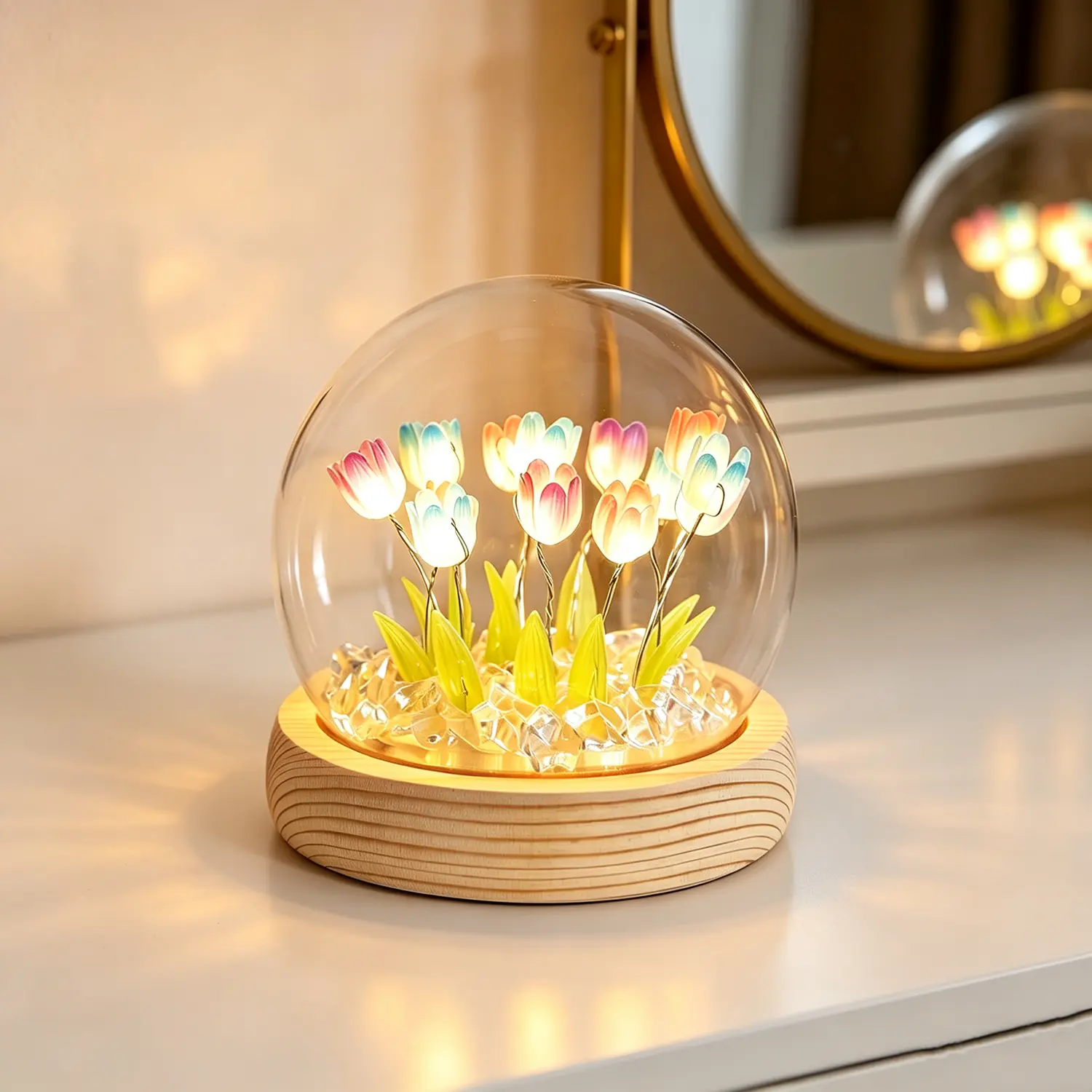 Mixed Colors Tulip Glass Wood Dome Pre-Assembled Finished Flower Lamp, 10x10cm Battery-Powered Bedside Light, Gift Bag Included, Indoor Use Decor for Mom Girlfriends, Fairy Aesthetic Room Accent