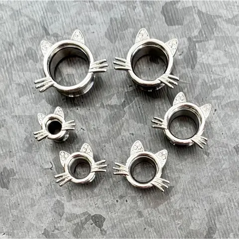PAIR of Unique Kitty Cat Double Flare Tunnels/Plugs with Gem Ears & Whiskers - Gauges 2g (6mm) thru 5/8" (16mm)