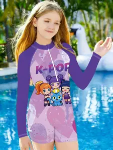 Girls' One-Piece Swimsuit, Heart Cat K-Pop Character Print, Quick-Dry Sun Protection Long Sleeve Swimwear
