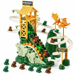 Dinosaur Sliding Track Toy for Kids, Multi Level Dino Race Track with Climbing Ladder, Elevator Ramp, Lights and Music