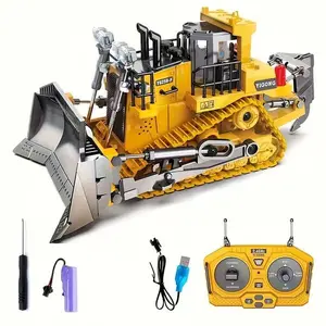 9-Channel Remote Control Bulldozer 2.4Ghz Yellow Construction Vehicle with Alloy Metal Cap Lights & Sounds USB Rechargeable Battery Ideal Birthday Gift for Boys Girls and Adults