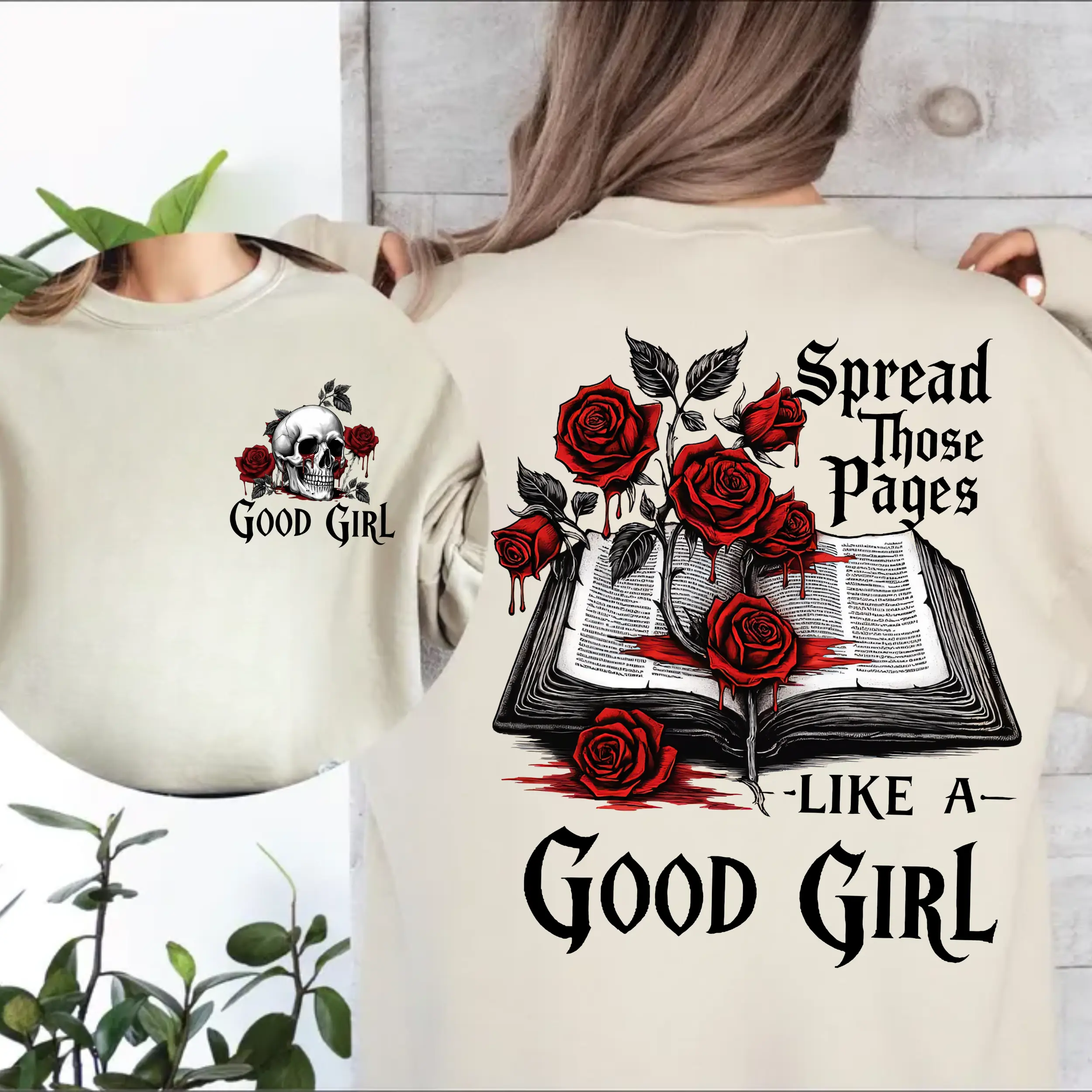 Vintage Good Girl Dark Romance 2 Sided Sweatshirt, Spicy Romantasy Bookish Literary Girl Date With A Book Shirt, casual Lady, Cotton Tops