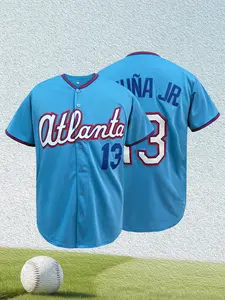 Men's Atlanta 13 Baseball Jersey, Light Blue Full Stitched Button-Up Shirt,Unisex Premium Sports Uniform