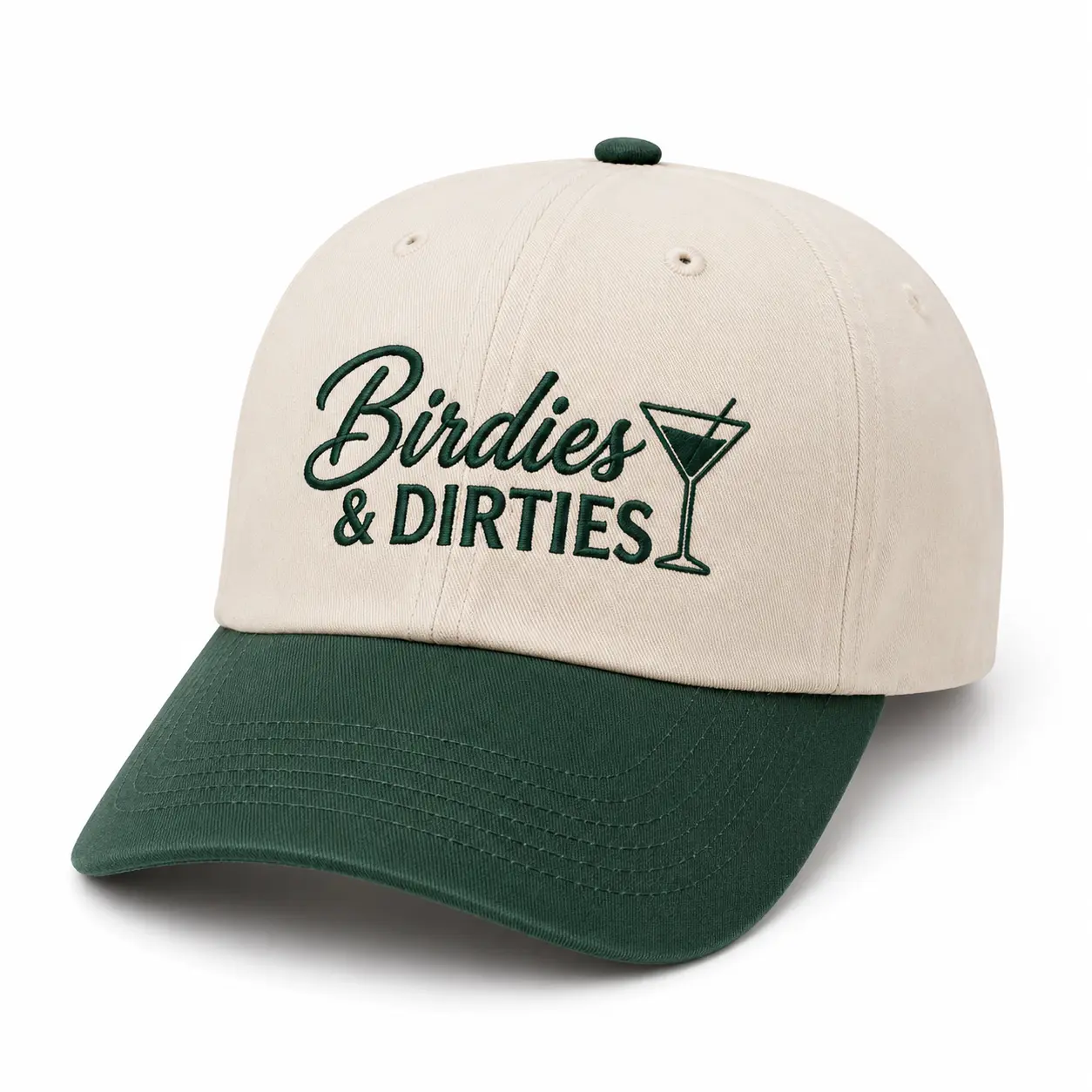 Birdies & Dirties Embroidered Golf Baseball Cap, Funny Golf Hat with Martini Glass, Adjustable Two-Tone Dad Hat, Unisex Golf Lover Gift