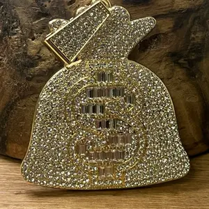 Money Bag Dollar Sign Gold Plated Pendant with Clear Rhinestones 3 Inch Fashion Accessory