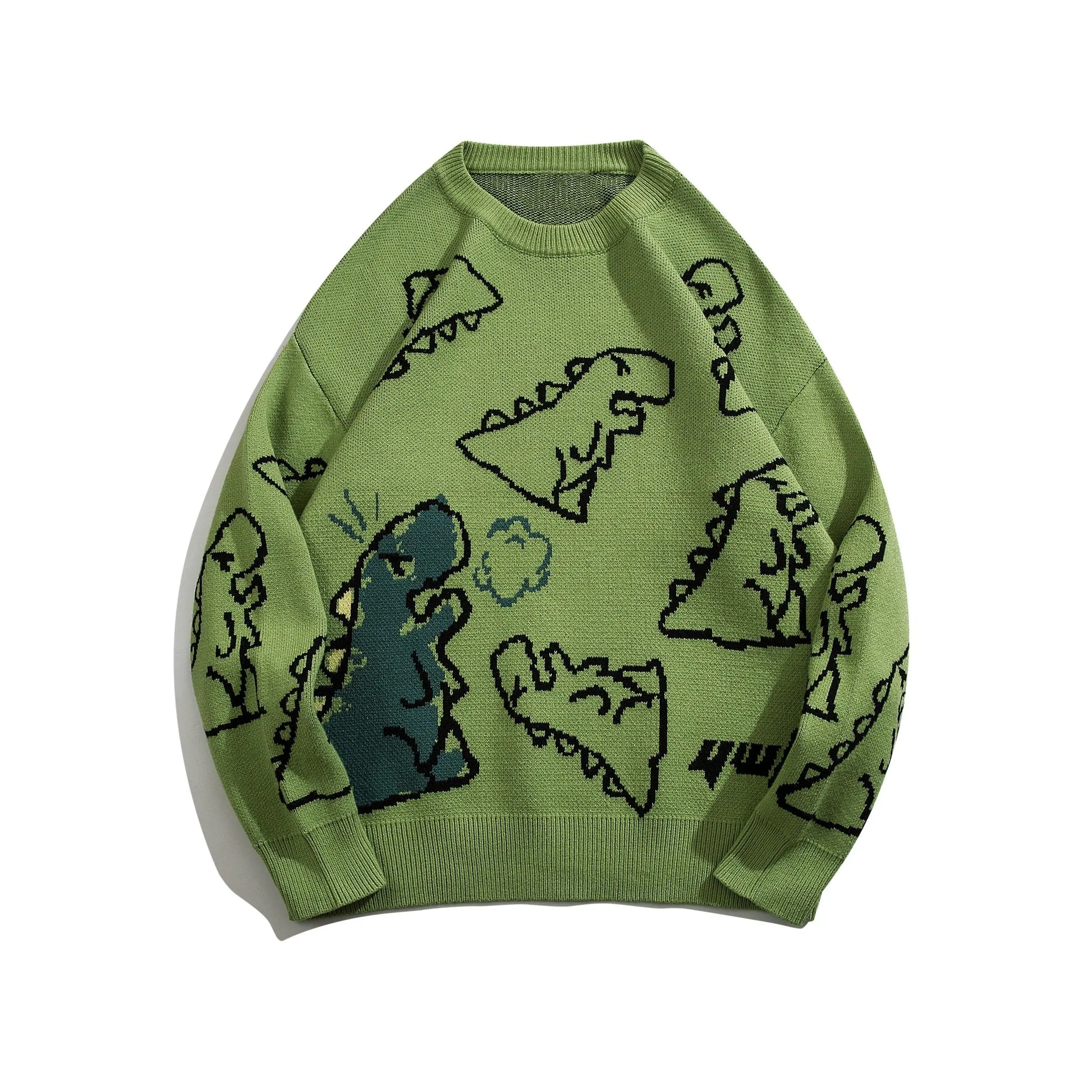 Men's Dinosaur Graphic Knit Sweater - Casual Warm Elasticity Pull-On Round Neck Pullover for Autumn Winter Sports & Outdoor, Size S, Dinosaur Pattern