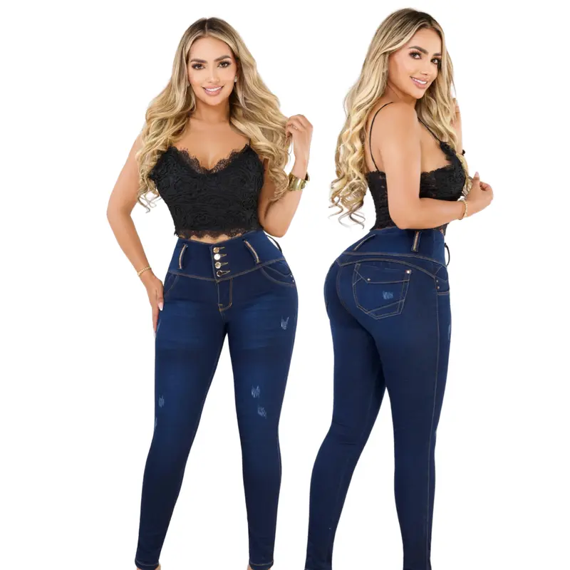 Women's Colombian High-Waist Butt-Lifting Slim Jeans - Secure 4-Button Fit, Plain Denim Trouser, All-Seasons Casual Fashion Bottoms with Modern Lift