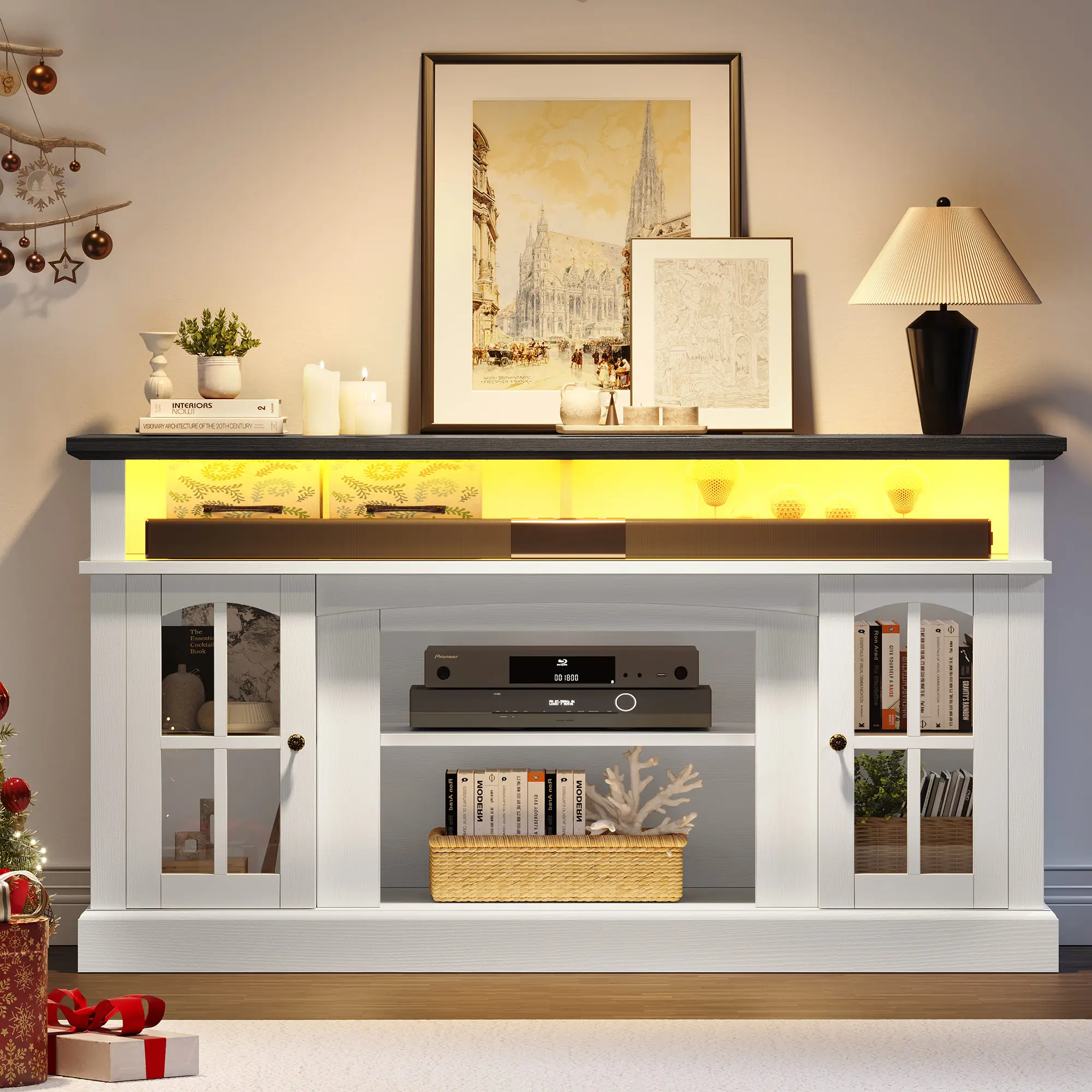 DWVO LED Farmhouse TV Stand for TV up to 65 Inch Highboy Media Entertainment Center Console Table Adjustable Storage Shelves &Cabinet for Living Room