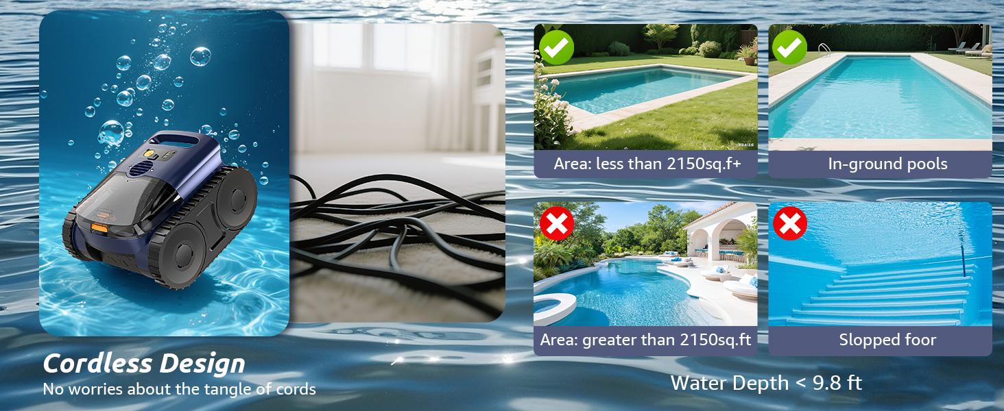 Cordless Robotic Pool Cleaner, Robotic Pool Vacuum for Inground Pools, Floor, Wall, Waterline and Drain Cleaning, 180 min Battery Life for Pool Up to 2150 Sq.ft