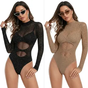 Women Long Sleeve Glitter Mesh Cutout Bodysuit, Sparkle Rhinestone Sheer Slim Fit Club Party One Piece Jumpsuit Sexy Casual Beach Outfits
