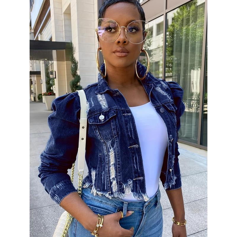 Women's Distressed Denim Jacket - Casual Black Cropped Jean Coat with Raw Hem & Puff Sleeves, Button- Style for Spring/Fall