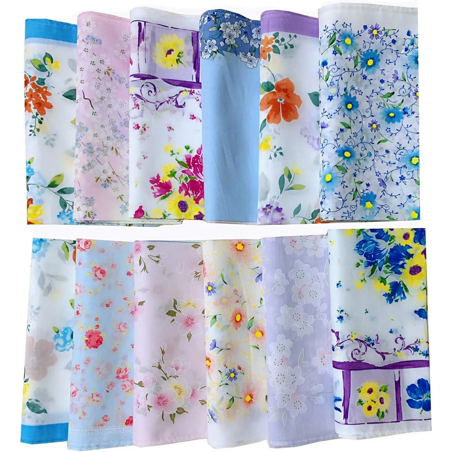Female 100% Cotton Handkerchiefs - 12x12 in Floral Print, Machine Washable, Brand New and High Quality Wedding Hankies for Home Supplies