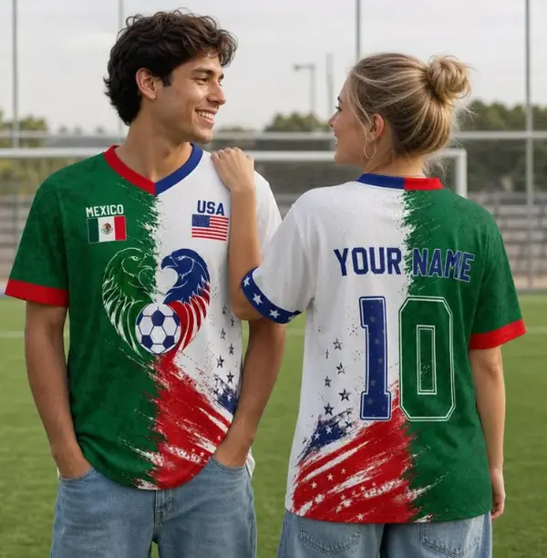 Custom Mexico USA Split Soccer Jersey, Personalized Mexican American Jersey, Aztec Calendar Heritage Gift, Mexico National Pride Shirt