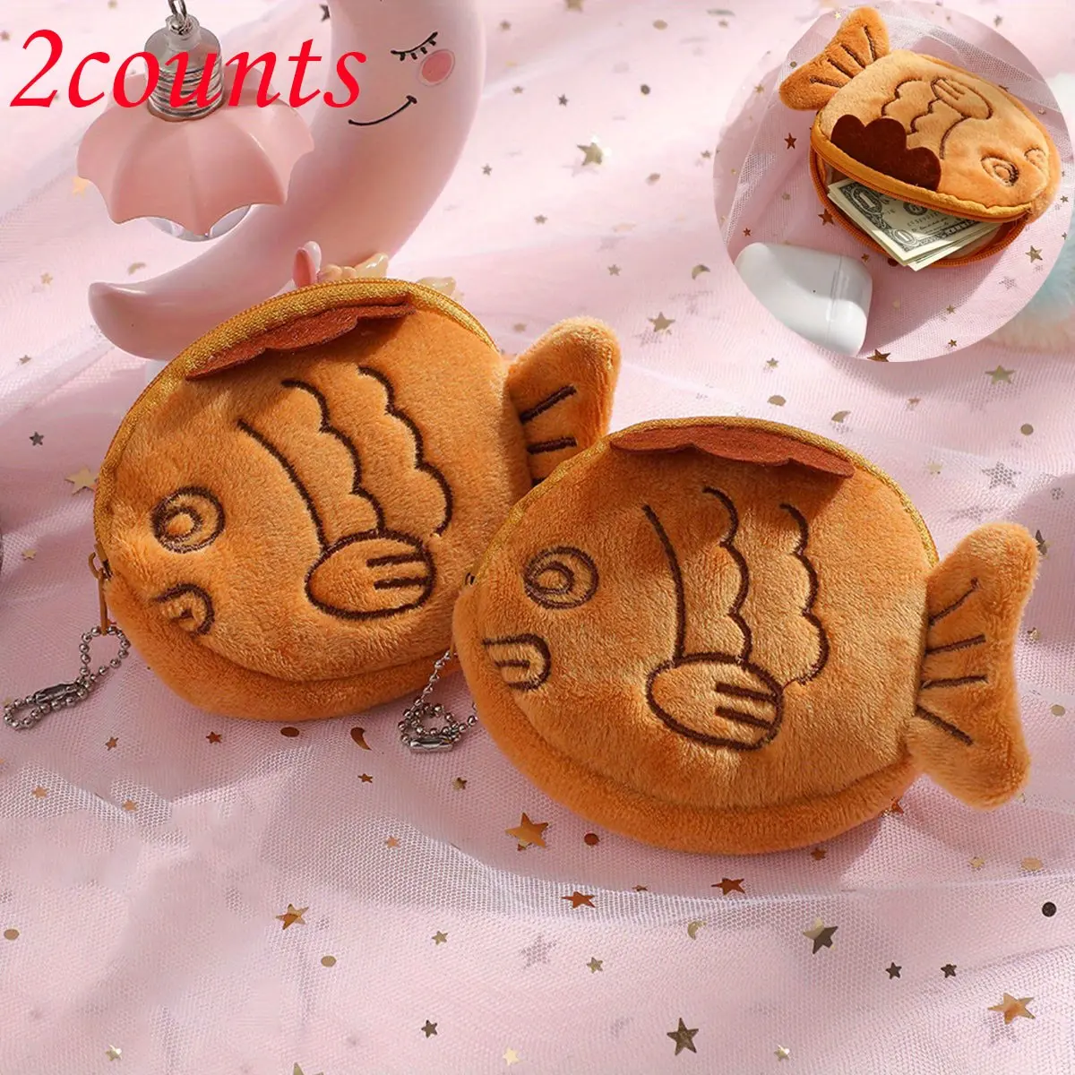 2-Pack Plush Zipper Coin Pouches, Soft Portable Money Bags with Zipper for Keys, Earphones, Keychains, Backpack Accessories, Cute Small Wallets, Zippered Coin Pouch