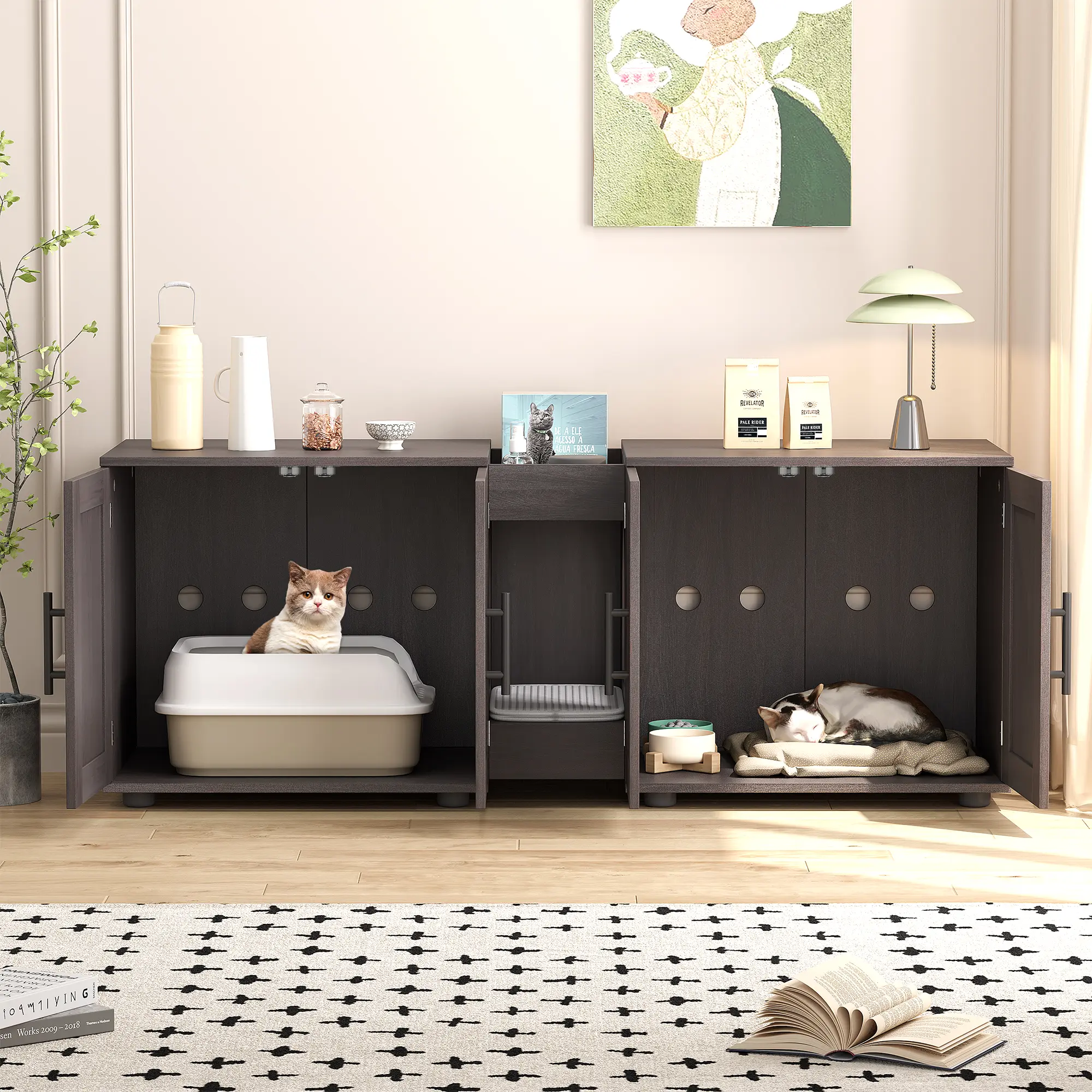 3-in-1 Wooden Litter Box Cabinet (55"x17.7"x20.6"), Odor-Controlled Enclosed Litterbox Enclosure with Double Room Hidden Litter Box, Waterproof MDF+PB Freestanding Farmhouse Furniture with Wide Clean Access for Modern Living Spaces