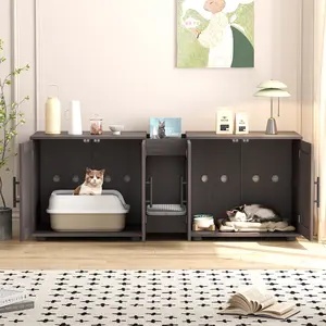 55 Inch 3 in 1 Cat Litter Box Enclosure, Large Wooden Hidden Cat Washroom with Double Rooms, Freestanding Litter Box Furniture for Bedroom Living Room, Farmhouse Style