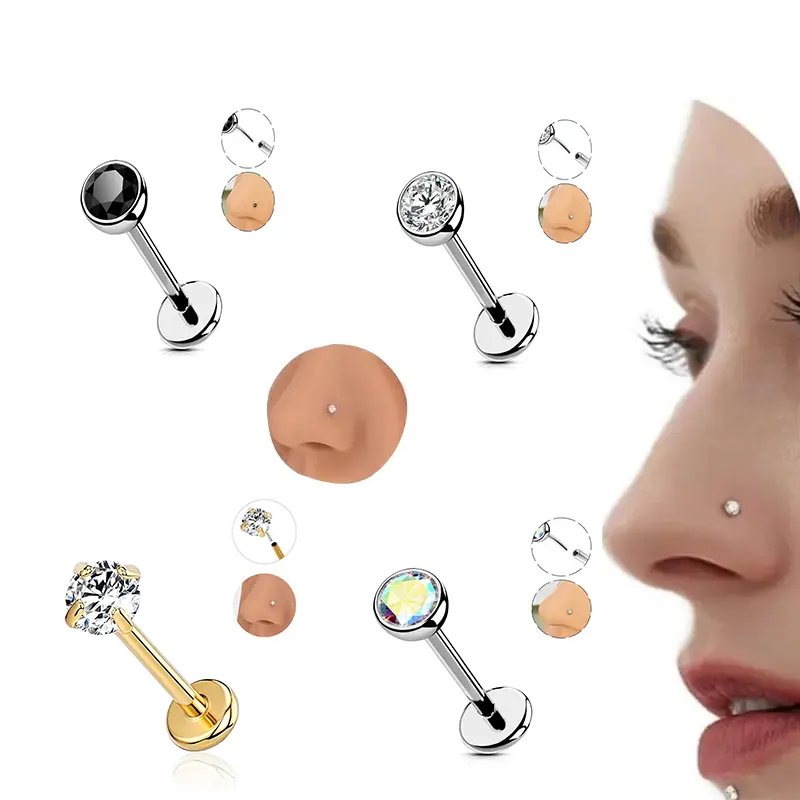16G ASTM F136 Titanium Threadless Push Pin Flat Back Nostril Nose Ring - 8mm Bar Heart-Star Style, Flat Pierced Threadless Non Tarnish Dainty Gemstone Body Jewelry for Women’s Helix Lobe Piercings, Flat Pierced Jewelry, Threadless Jewelry floating navel b