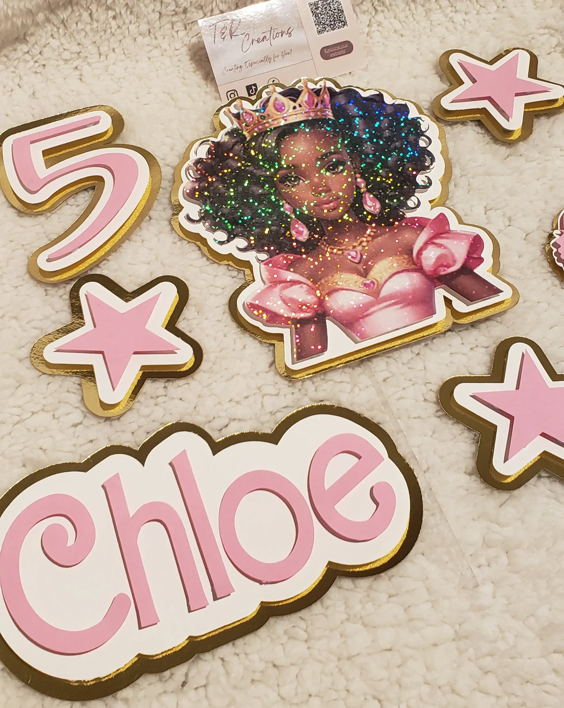 🎀 Personalized AfroAmerican Doll Cake Topper – Custom Name & Age | Elegant Birthday Decoration