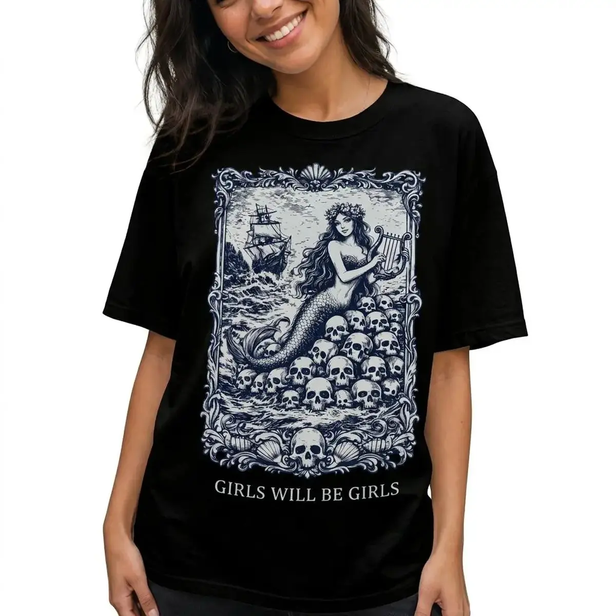 Girls Will Be Girls Graphic Tee Women Plus Size Gothic Siren Shirt Vintage MermaidCotton Menswear Graphic Crew Neck Top Womenswear Streetwear Crewneck Tshirt