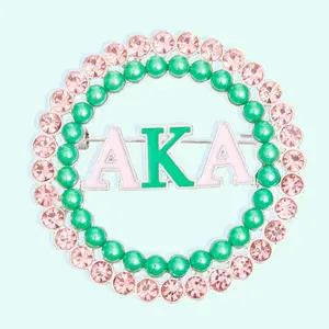 Brooch Pink Green AKA Round Pin for Women: Pink and Green / Rhodium / 2 inches