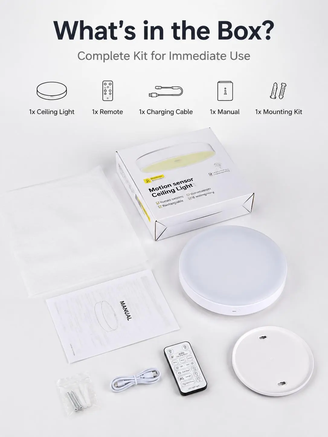 Rechargeable Motion Sensor Ceiling Light, 10000mAh Battery Operated LED Night Light with Radar 360° Detection, Wireless Remote Control Dimmable & 3 Color Temperatures, Under Cabinet Closet Hallway Stairs Lighting