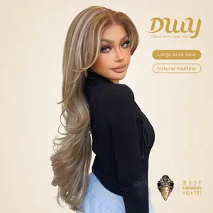 Jasmine -DWY 13×6 Lace Front Free Part Long-Length Layer-cut Curly Brown Highlighted Glueless Synthetic Wig for Women 28 Inches Lace Frontal Wig Layered Wig