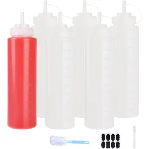 6 Pack 32 oz Squeeze Bottles for Sauces Plastic Condiment Squeeze Bottles, Wide Mouth with Caps,  for ketchup, BBQ, Condiments, Oil, Icing, Liquids