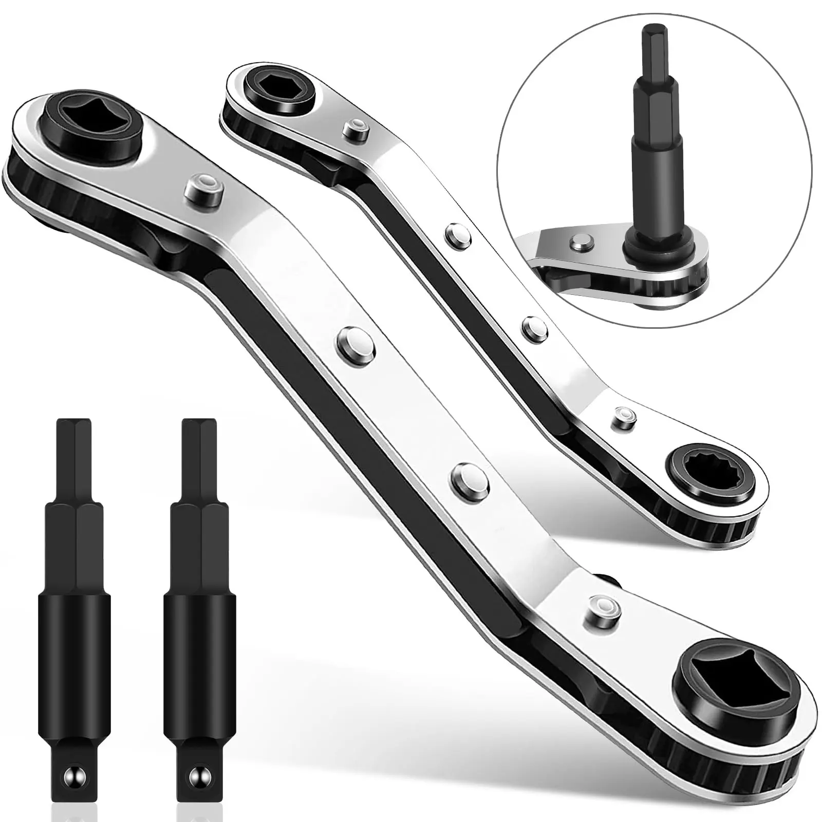Alloy Steel Heavy Duty Multifunctional Power Ratcheting Wrench Tool Set - 2 Wrench + 2 Hexagon Bit Adapters, Quick Flip Lever, Arc Design, Multi-Sizes (3/16"-3/8", 5/16"x1/4") for Air Conditioning Repair